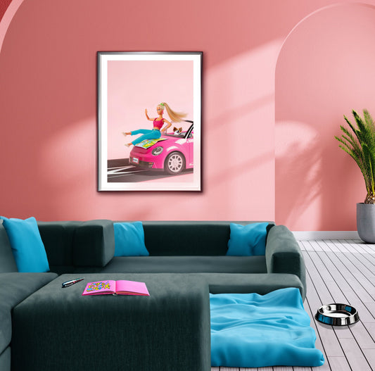 Journey Bae Poster, Doll Art, Retro Wall Print Digital Download, Pink Print, Travel Car Doll Art, Girly Art, Edgy, Modern gift
