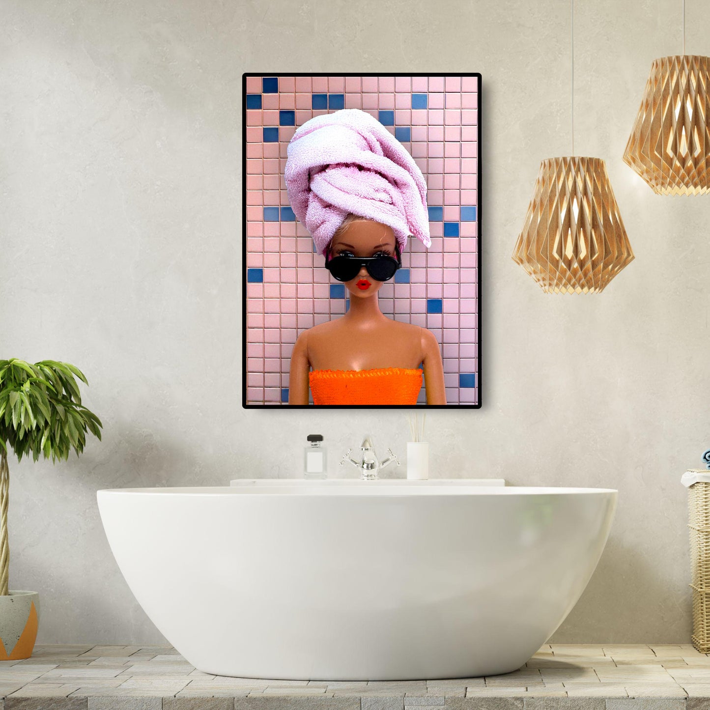 Funny Self Care Print Poster, Towel Wall Art, Retro Wall Print Digital Download, Bathroom Print, Pink Doll Art, Girly Art, Modern gift
