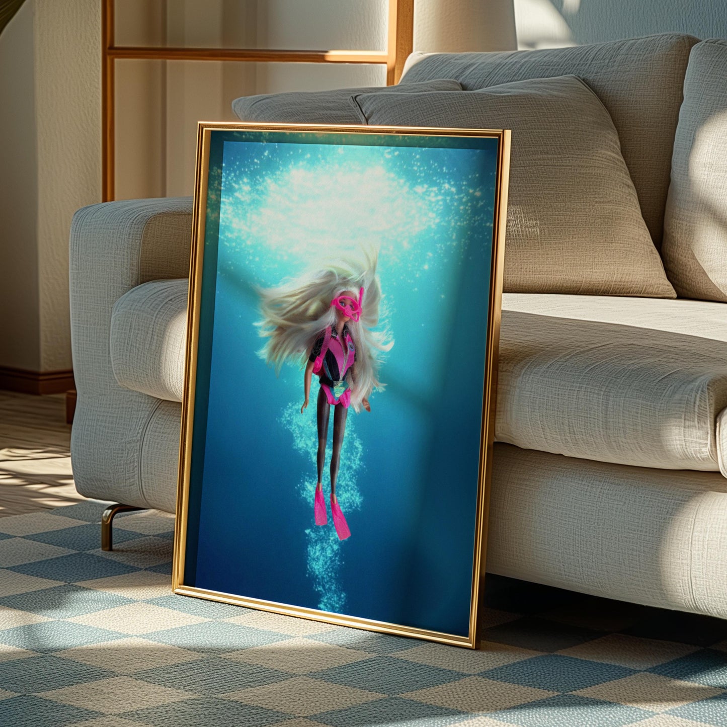 Scuba Babe Doll Print Art, Retro Wall Print Digital Download, Surf Doll Art, Girly Art, Modern gift, Blue Fun Interior