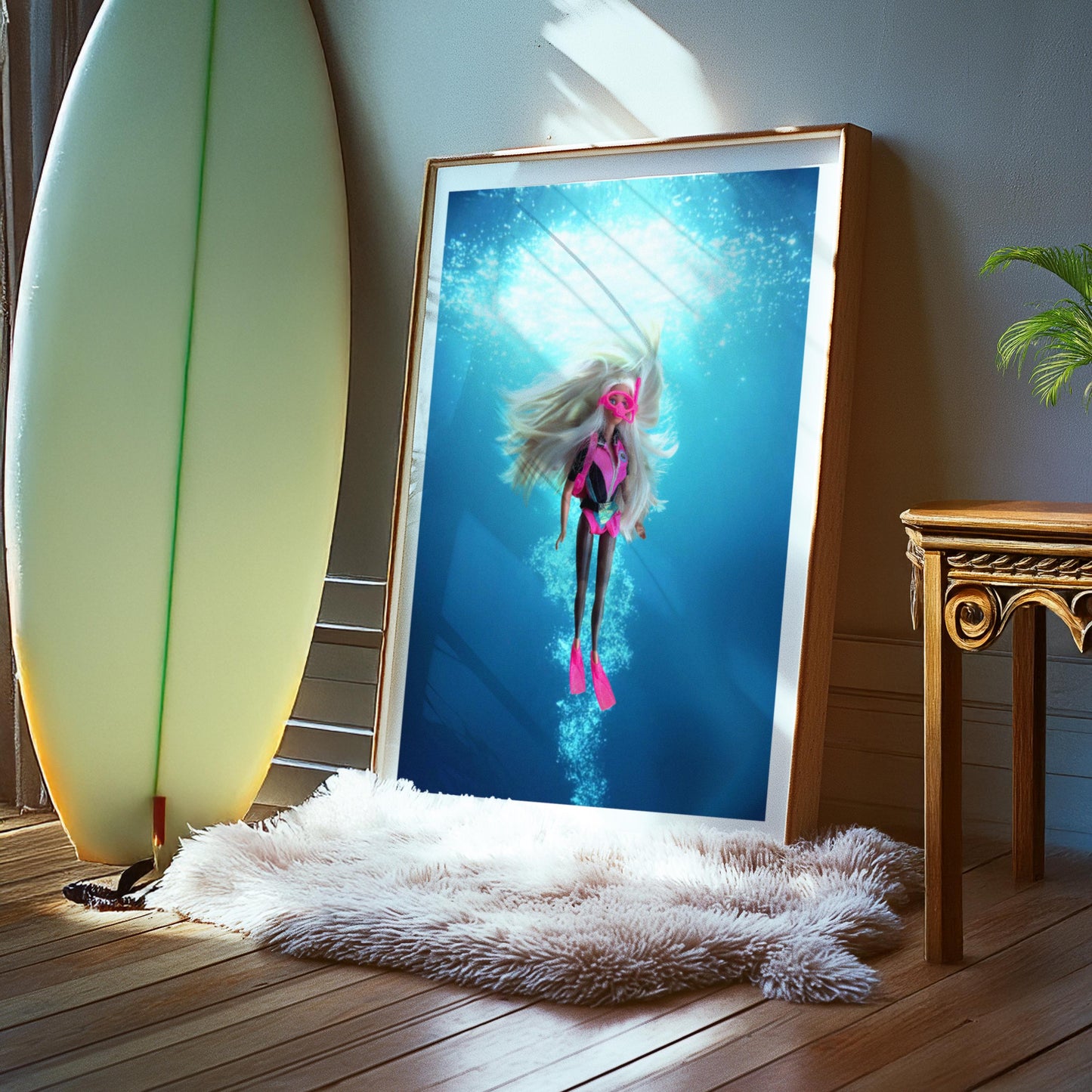 Scuba Babe Doll Print Art, Retro Wall Print Digital Download, Surf Doll Art, Girly Art, Modern gift, Blue Fun Interior