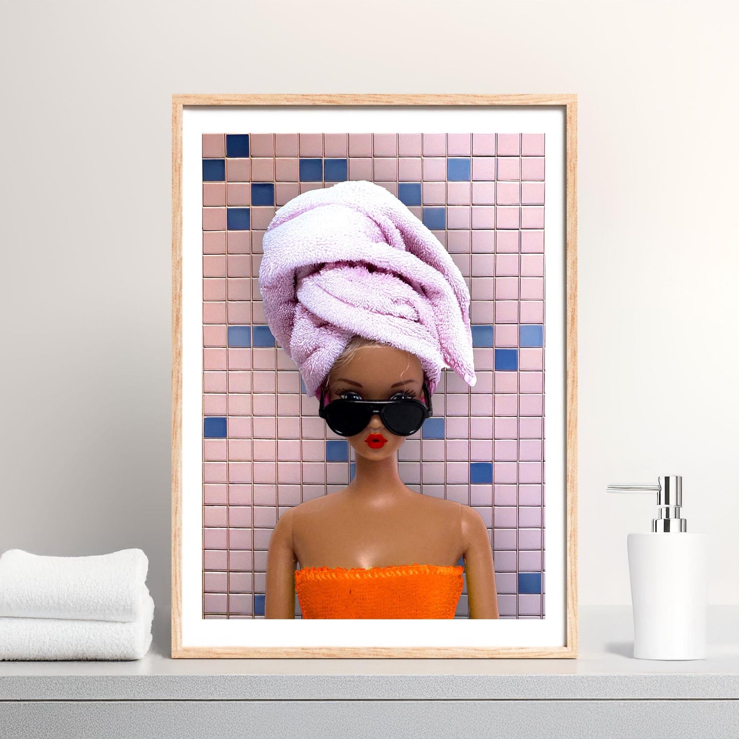 Funny Self Care Print Poster, Towel Wall Art, Retro Wall Print Digital Download, Bathroom Print, Pink Doll Art, Girly Art, Modern gift