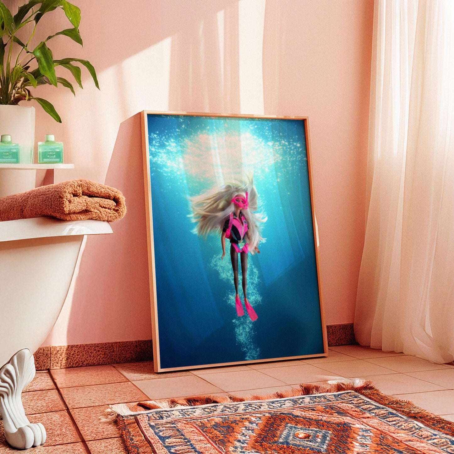 Scuba Babe Doll Print Art, Retro Wall Print Digital Download, Surf Doll Art, Girly Art, Modern gift, Blue Fun Interior