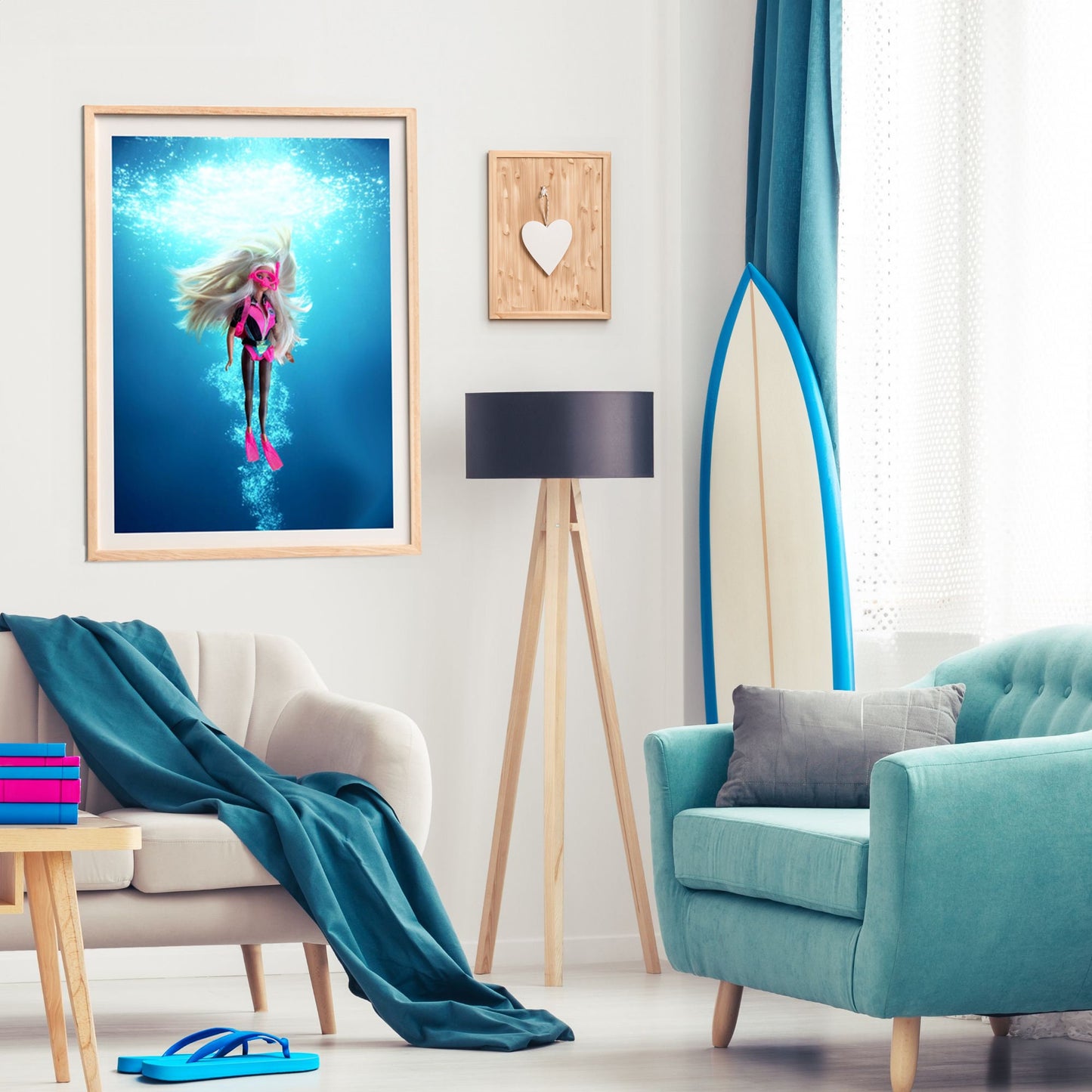 Scuba Babe Doll Print Art, Retro Wall Print Digital Download, Surf Doll Art, Girly Art, Modern gift, Blue Fun Interior