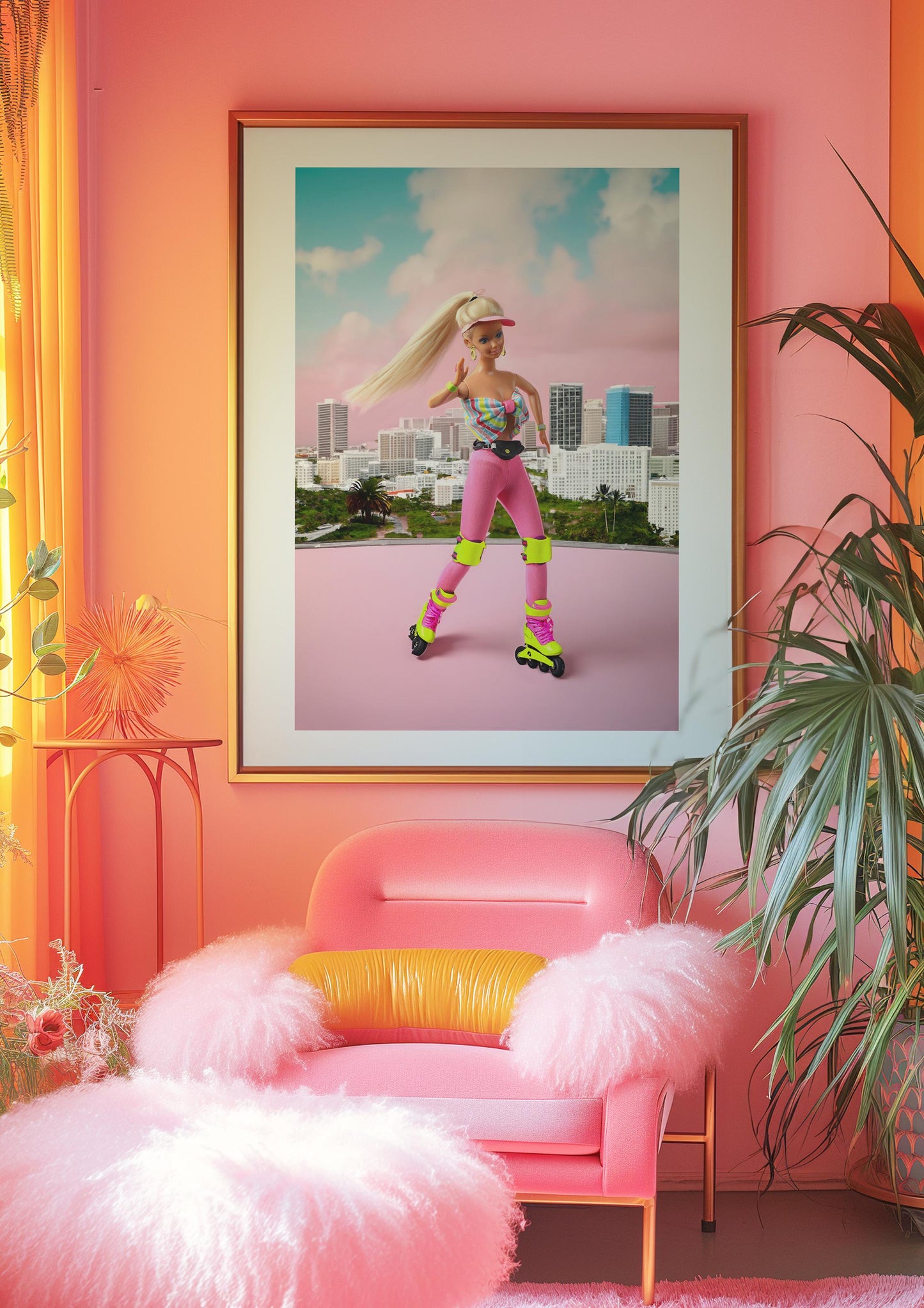 Roller Blading Chic Doll Poster, Sporty Toy Art, Retro Wall Print Digital Download, Girly Interior, Pink Doll Art, Girly Art, Modern gift
