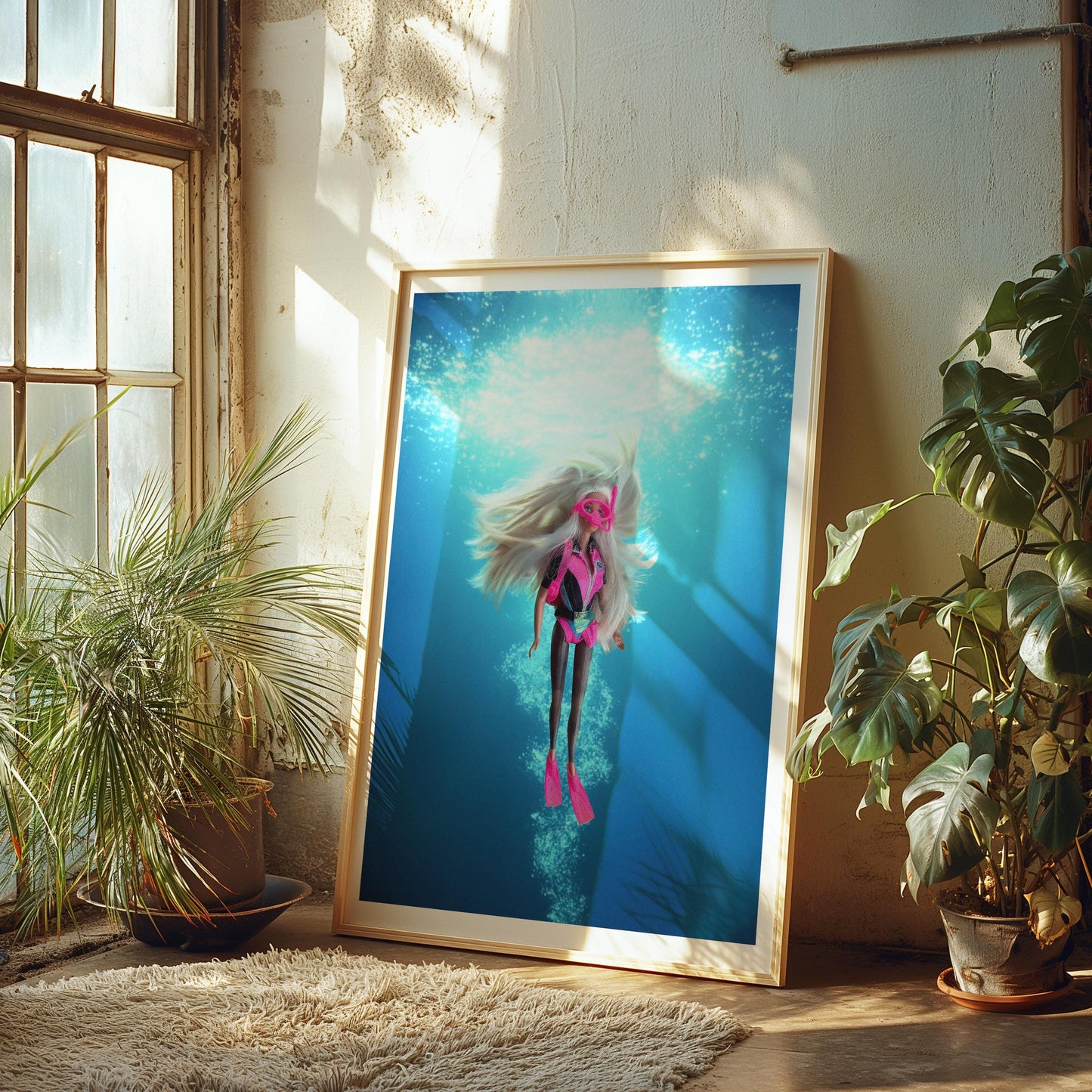 Scuba Babe Doll Print Art, Retro Wall Print Digital Download, Surf Doll Art, Girly Art, Modern gift, Blue Fun Interior